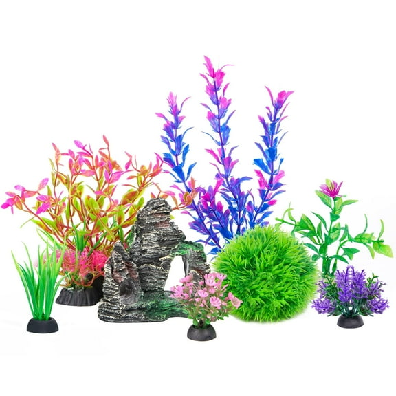 RYLZX Aquarium Artificial Plastic Plants Decorations and Rock Cave Decor Set Goldfish Betta Fish Tank Accessories Small Large Fish Bowl Ornaments