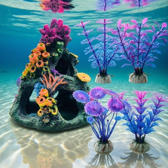 RYLZX Aquarium Colorful Coral Reef Set Fish Tank Decoration Mountain Ornament for Aquarium Environments Decor Accessories, Coral Mountain x 1, Aquatic Plant x 4