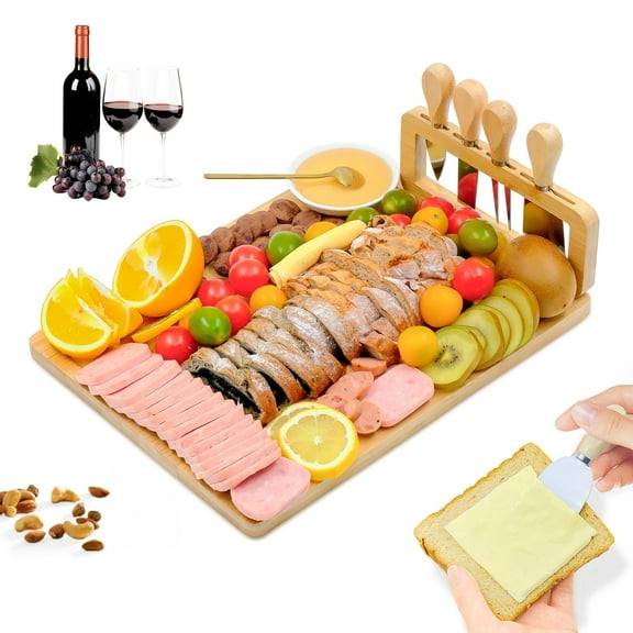 RYLZX Bamboo Cheese Board and Knife Set House Warming Gifts for New Home Gift for Mom Couples Bridal Shower Bridesmaid Gifts (14 x 11 x 0.59 inches)