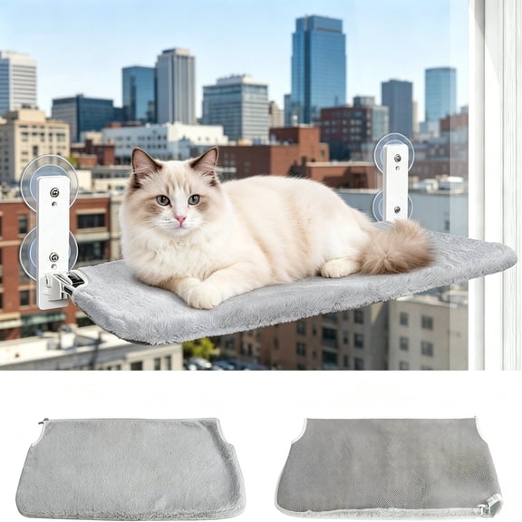 RYLZX Cat Window Perch Cordless Foldable Cat Hammock Bed for Window with Metal Frame and Reversible Cover, Large Suction Cups Window Resting Seat for Indoor Cats
