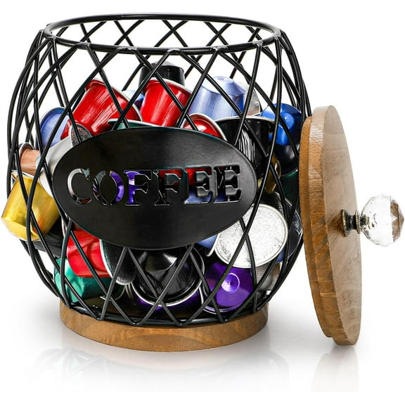 RYLZX Coffee Pod Holder with Lid, Large Capacity K Cup Storage Basket, Black Wire Coffee Pod Basket Decor for Countertop, Round Coffees Holder for Keurig Kcups, Espresso Capsules