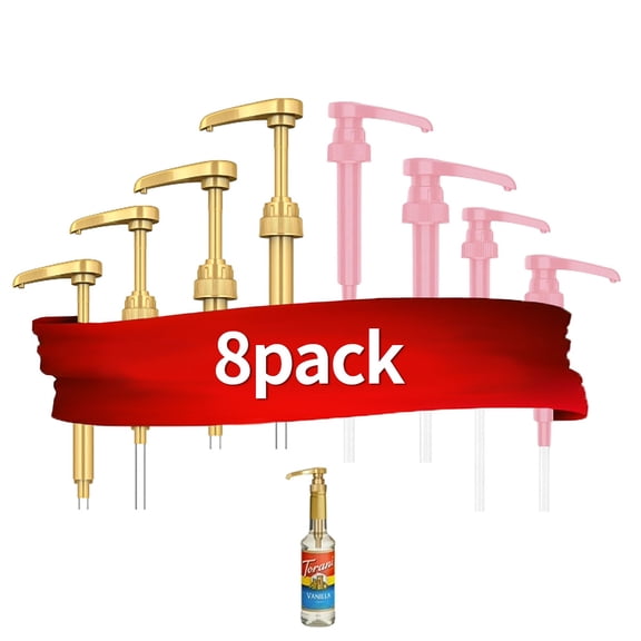 RYLZX 8 Pack Coffee Syrup Pumps,Skinny Syrup Pump for 750ml 25.4oz Syrup Bottle, Syrup Pump Dispenser for Kitchen Dinning Coffee Bar Drinking with Gold and pink
