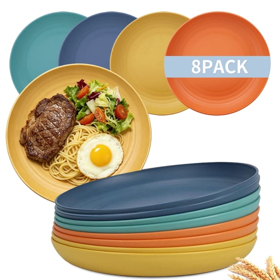 RYLZX Deep Dinner Plates Set of 8 Alternative for Plastic Plates Microwave and Dishwasher Safe Wheat Straw Plates for Kitchen Unbreakable Kids Plate Set with 4 Colors (Classic Bright, 9 inch)