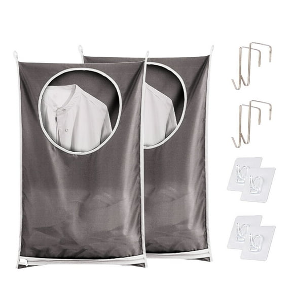 RYLZX Hanging Laundry Hamper Bag(2Pcs) with Free Adjustable Stainless Steel Door 4 PCs Suction Cup Hooks, Best Choice for Holding Dirty Clothes and Saving Space, Grey