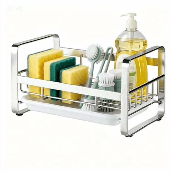 RYLZX Kitchen Sink Silver Sponge Holder, 304 Stainless Steel Kitchen Soap Dispenser Caddy Organizer, Countertop Soap Dish Rack Drainer with Removable Drain Tray, not Including Dispenser and Brush