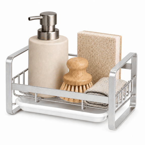 RYLZX Kitchen Sink Silver Sponge Holder, 304 Stainless Steel Kitchen Soap Dispenser Caddy Organizer, Countertop Soap Dish Rack Drainer with Removable Drain Tray, not Including Dispenser and Brush