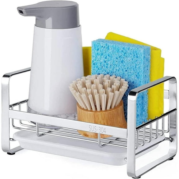 RYLZX Kitchen Sink Silver Sponge Holder, 304 Stainless Steel Kitchen Soap Dispenser Caddy Organizer, Countertop Soap Dish Rack Drainer with Removable Drain Tray, not Including Dispenser and Brush