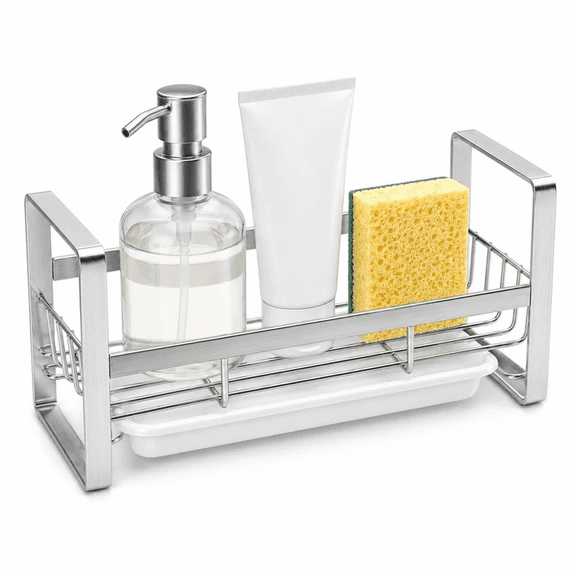 RYLZX Kitchen Sink Silver Sponge Holder, 304 Stainless Steel Kitchen Soap Dispenser Caddy Organizer, Countertop Soap Dish Rack Drainer with Removable Drain Tray, not Including Dispenser and Brush