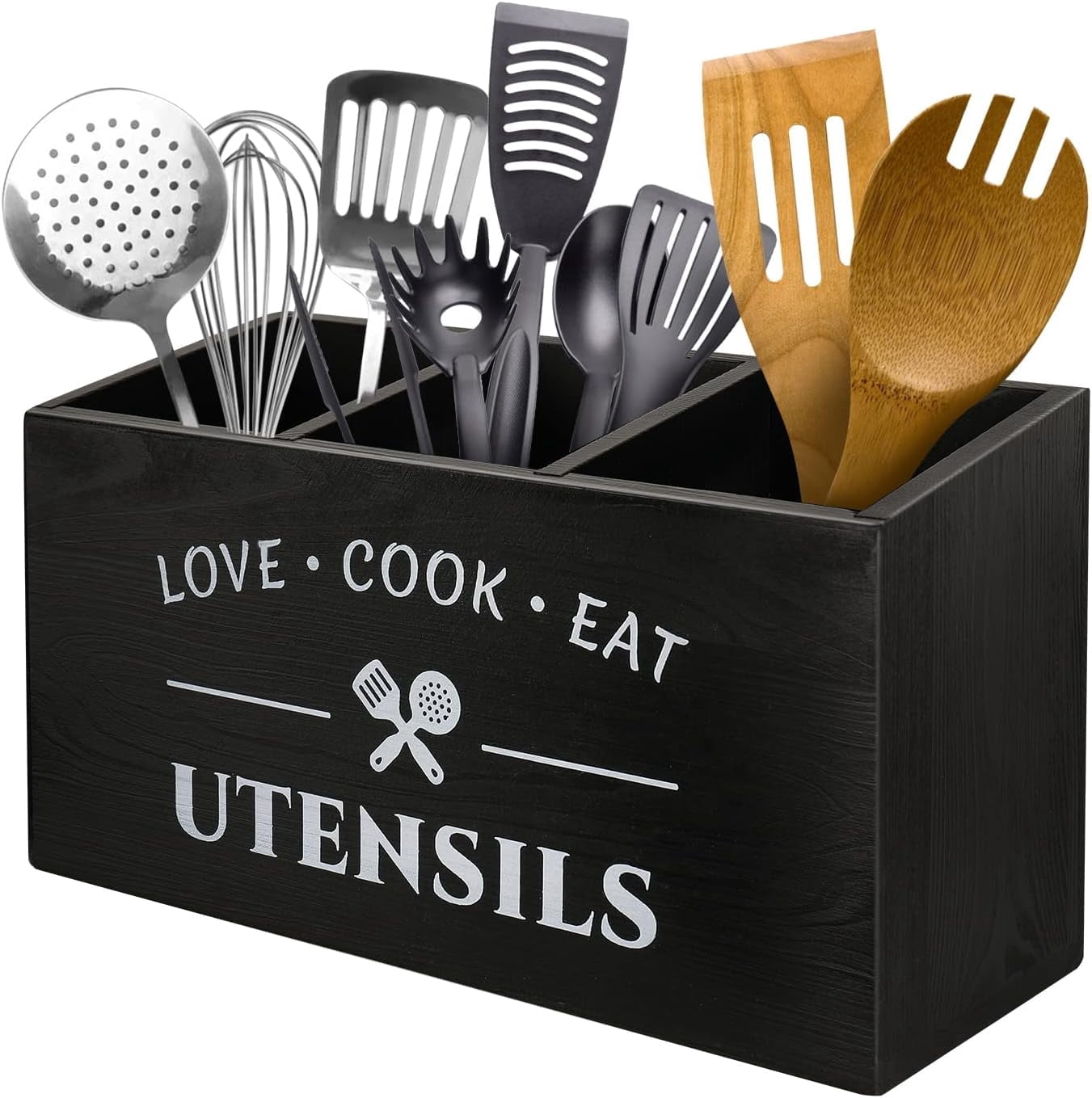 Alpha Living Farmhouse Galvanized Metal Utensil Caddy - 4-Section Counter Organizer With Wooden Handle, Black