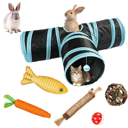 RYLZX Rabbit Toys, Bunny Tunnels & Tubes, Collapsible 3 Way Rabbit Hideout Tunnel with Chew Toys for Bunny Guinea Pig Ferret Kitten-blue