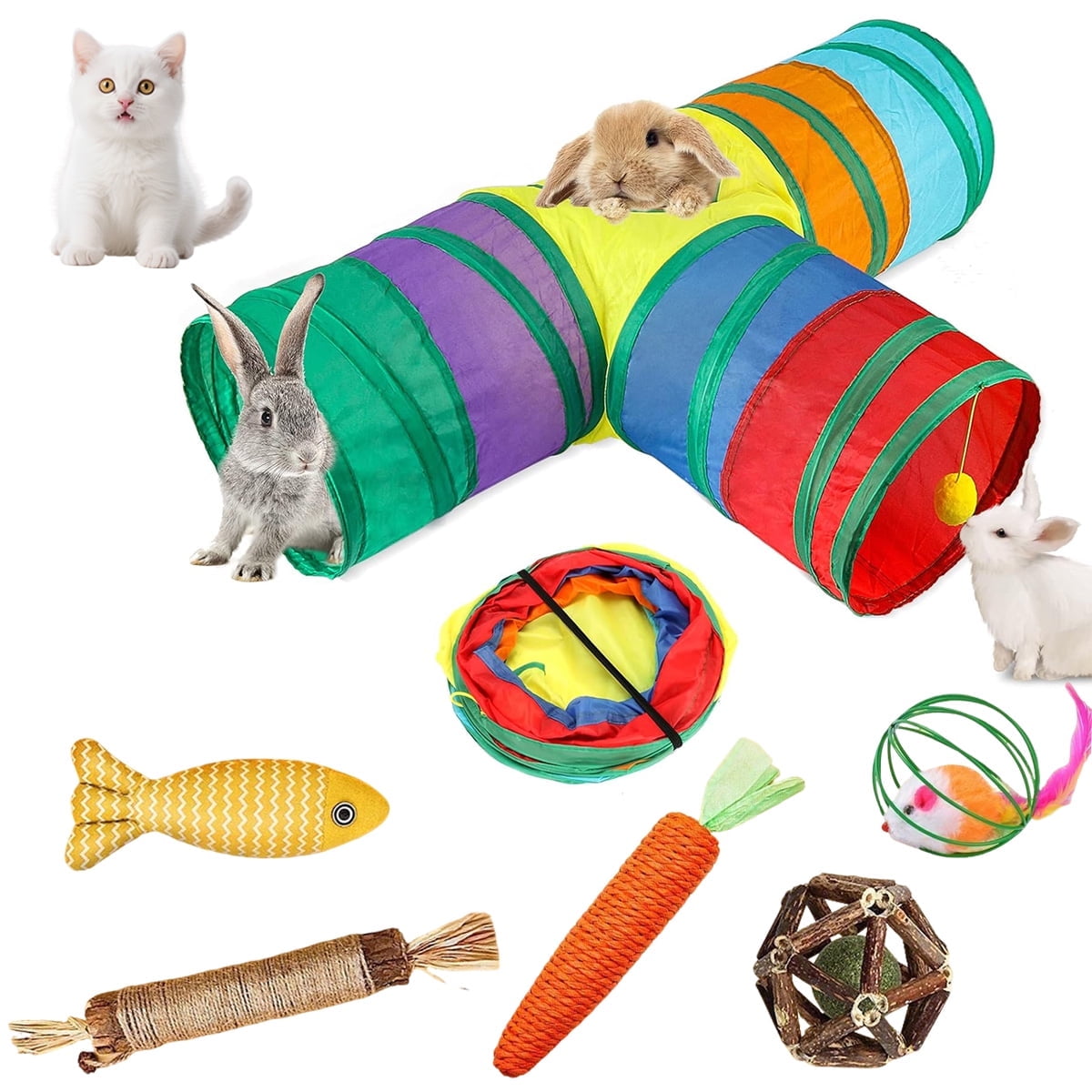 RYLZX Rabbit Toys, Bunny Tunnels & Tubes, Collapsible 3 Way Rabbit Hideout Tunnel with Chew Toys for Bunny Guinea Pig Ferret Kitten