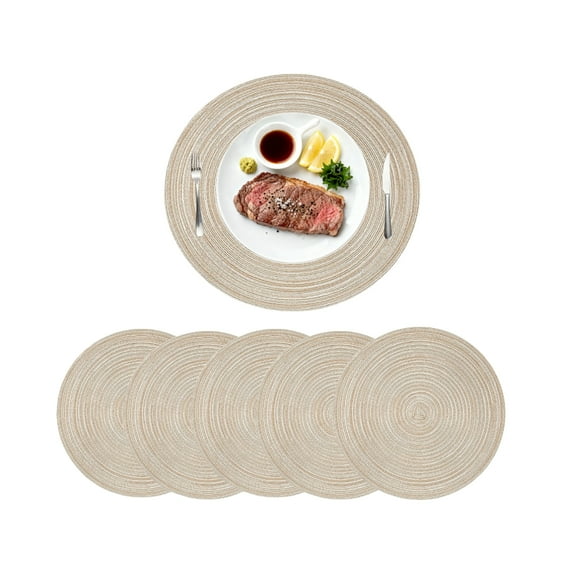 RYLZX Set of 5 -15 inch Round Braided Placemats Non Slip Heat Resistant Cotton Polyester Table Mats Washable Place Mats for Kitchen Dining Party Table Decor (Beige)