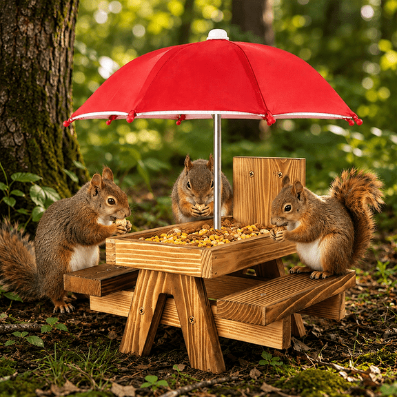 RYLZX Squirrel Feeder with Umbrella, Squirrel Feeders for Outside, Squirrel Picnic Table Feeder - Chipmunk Feeder Hold Corn, Corn Cob, Peanuts (Bright-Red)