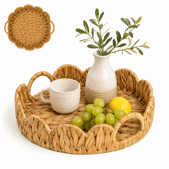 RYLZX 13in Scalloped Round Wicker Rattan Water Hyacinth Serving Tray with Handles