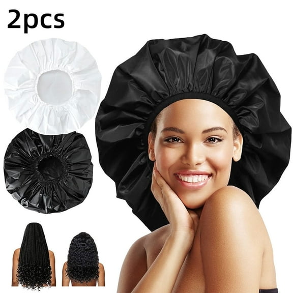 RYLZX Super Jumbo Shower Cap 2 PCS Waterproof Shower Caps for Women, Extra Large Shower Cap, Reusable Super Large Bath Caps Hair Cap for Long Thick Curly Hair, Twist Braids - Black + White