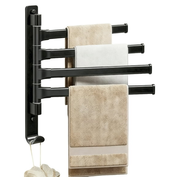 RYLZX Swivel Towel Rack, 11.8" Thicken 304 Stainless Steel 4-Arm Towel Bar, Space Saving Wall Mounted Towel Holder with Hook, Rustproof Swing Out Towel Hanger for Bathroom, Kitchen (Matte Black)