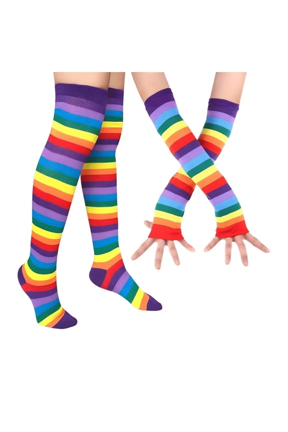 Womens Rainbow Socks Striped Knee High Socks Arm Warmer Fingerless Gloves Set can be used as Christmas decorations / gifts for friends , family