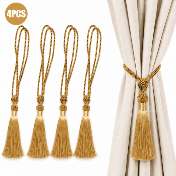 RYLZX4 Pack Long Tassel Curtain Tiebacks Handmade Braided Rope Knot Drape Tie Backs European Style Decorative Curtain Holdbacks for Home & Office Window Drapery (Gold)