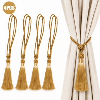 RYLZX4 Pack Long Tassel Curtain Tiebacks Handmade Braided Rope Knot Drape Tie Backs European Style Decorative Curtain Holdbacks for Home & Office Window Drapery (Gold)