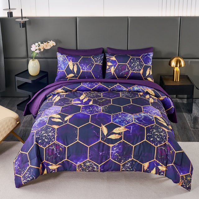 RYNGHIPY 3 PCS Purple Gold Geometric Queen Comforter Set, 3D Marble