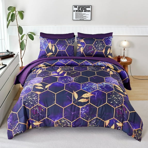 RYNGHIPY 3 PCS Purple Gold King Comforter Set, Marble Geometric Honeycomb Theme Decor Yellow Leaf Bedding Set, Modern Foil Print Bed Set (Purple King)