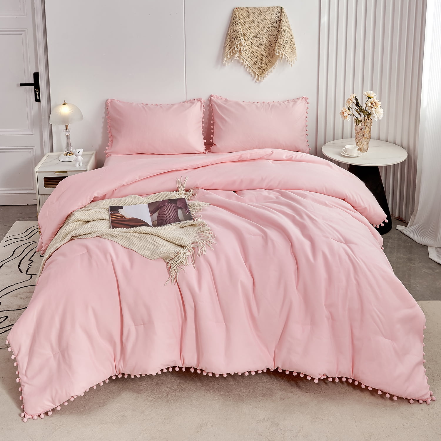 RYNGHIPY 3 Pcs Pink Pom Fringe Comforter Set Queen Size Women Girls Bohemian Chic Cute Ball Pom