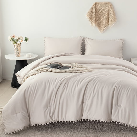 RYNGHIPY 3 Pcs Pom Pom Fringe Comforter Set King Size Beige Grey Boho Aesthetic Bedr Set Ultra Soft Cute Lightweight Bedding Set for All Season(Beige Grey, King)