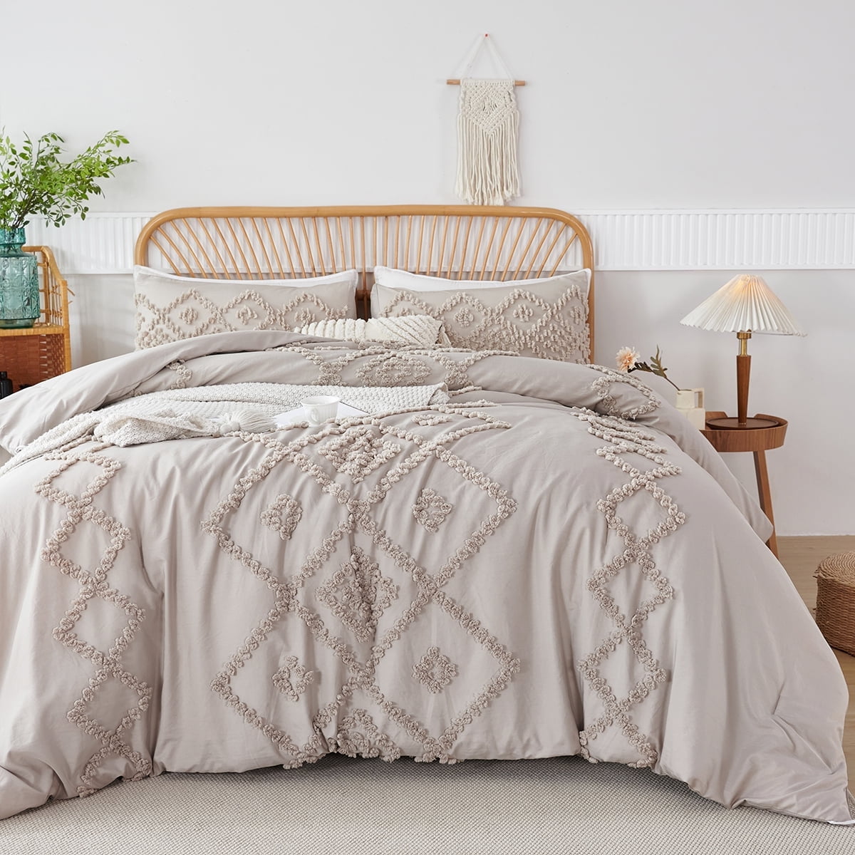 RYNGHIPY 3 Pcs Tufted Comforter Set Queen Size Gray Geometric Boho Style Bed Set Bohemian Shabby Chic Bedding Set for Girls Women Men (Queen, Grey)
