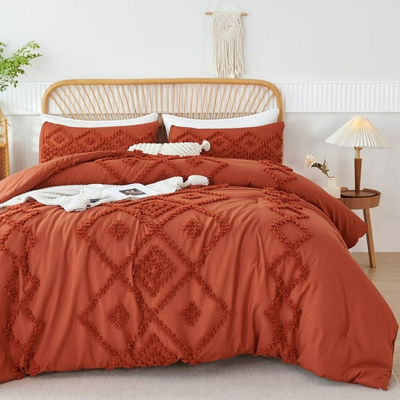 RYNGHIPY 3 Pcs Tufted Textured Comforter Set Queen for Kids Adults Terracotta Jacquard Bedding Set Soft Breathable Microfiber Caramel Quilt Set (Queen, Caramel)