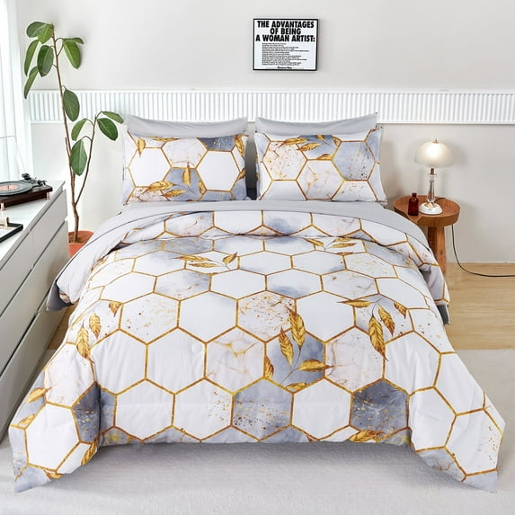 RYNGHIPY 3 Pcs White Queen Size Comforter Sets Honeycomb All Season Light Grey Gold Bed Sets with Gold Trim Print Hexagon Microfiber Lightweight Quilt Set (White Queen)
