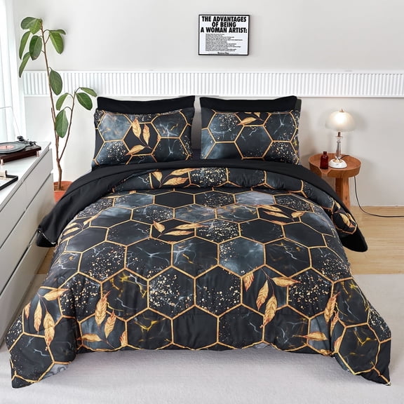 RYNGHIPY 3 Piece Black Gold Geometric Comforter Bedding Set, King