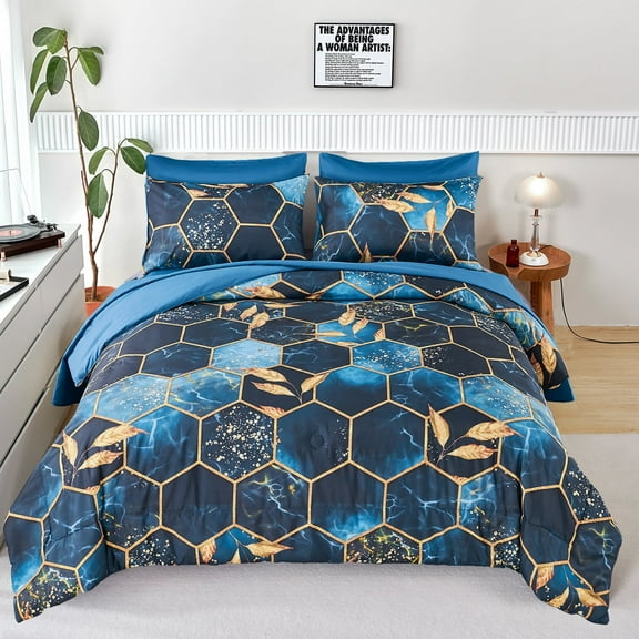 RYNGHIPY 3 Pieces Blue and Gold Full Comforter Set Marble Printed, Geometric Hexagon Theme Decor Gold Trim Bedding Set Full, Modern Steel Blue Foil Print Bed Set(Blue Full)