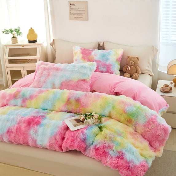 RYNGHIPY 3Pcs Bubble Comforter Set for Kids Tie-dyed Rainbow Queen Faux Fur Bedding Comforter Sets Winter Shaggy Fluffy Bedding Sets