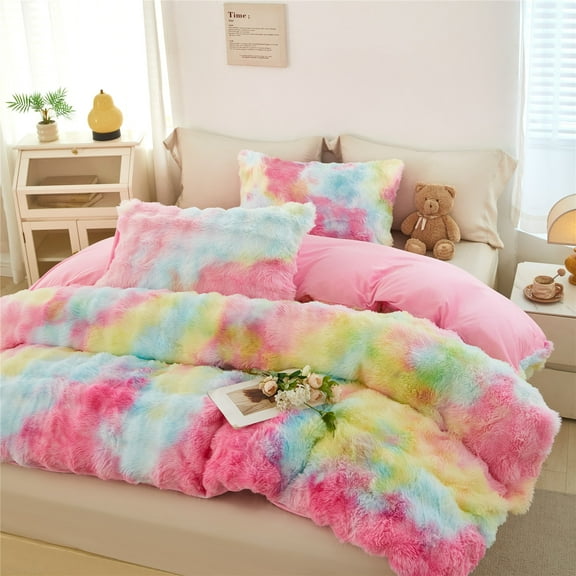 RYNGHIPY 3Pcs Bubble Comforter Set for Kids Tie-dyed Rainbow Queen Faux Fur Bedding Comforter Sets Winter Shaggy Fluffy Bedding Sets