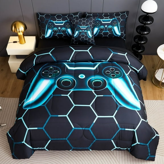 RYNGHIPY 6Pcs Boys Game Comforter Set Twin Size Bed in a Bag Teal Game Console Bedding Set for Kids 100% Soft Microfiber Bed Set for All Seasons (Teal, Twin)