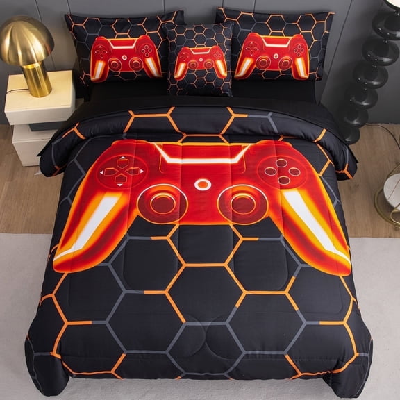 RYNGHIPY 6Pcs Orange Boys Gamer Comforter Set Full Size Bed in a Bag Honeycomb Game Button Bed Set with Sheets Set Kids Teens Men Gamepad Bedding Set Soft Microfiber Quilt Set (Full, Orange)