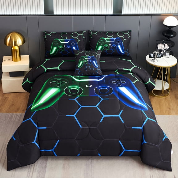 RYNGHIPY 6Pcs Queen Comforter Set Blue Green Gaming Bedding Sets for Boys Gamepad Geometric Bed in a Bag Game Bed Comforter Set for All Season (Green-Blue, Queen)