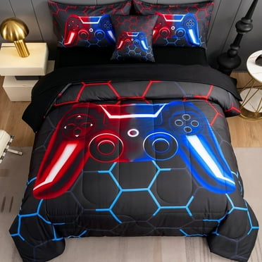 RYNGHIPY 6Pcs Red-Blue Game Bed Comforter Set for Boys Teens Girls Bed in a Bag Full Size Game Buttons Comforter Set Geometric Hexagon Quilt Set (Red-Blue, Full)