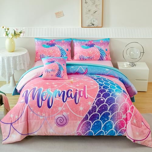 RYNGHIPY 6Pcs Sparkle Gradient Glitter Comforter Sets Ombre Indigo Pink Gradient Bedding Set for Boys Girls Bed in A Bag Size