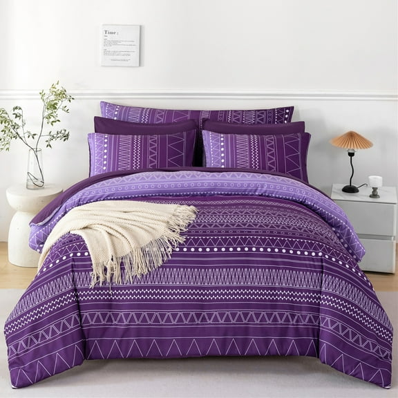 RYNGHIPY 8Pcs Women Comforter Set Queen Size Purple Striped Bed in a Bag Gradient Boho Style Bed Comforter Set Soft Lightweight Bedding Set for All Seasons (Gradient Purple,Queen)