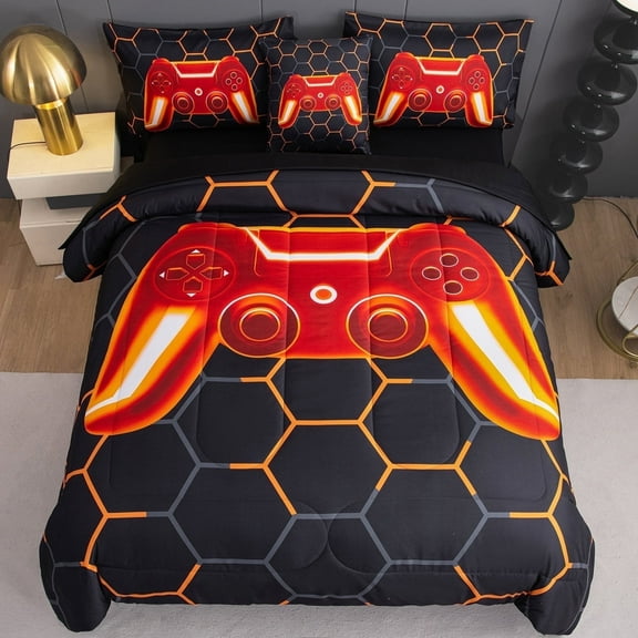 RYNGHIPY Bed in a Bag Orange Game Console Comforter Set for Boys Teens Men 6Pcs Twin Size Geometric Gaming Kids Bedding Set with Sheets Set 100% Microfiber Bed Comforter Set (Twin, Orange)