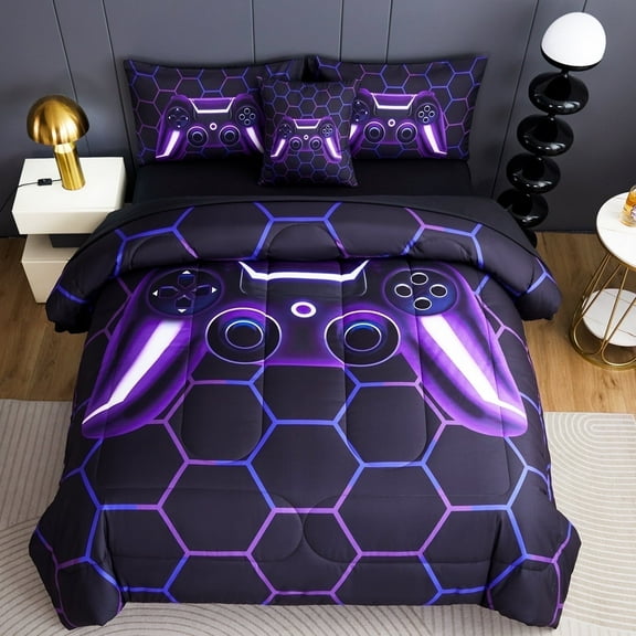 RYNGHIPY Bed in a Bag Purple Game Comforter Set Queen 6Pcs Boys Men Game Console Bedding Set Gradient Purple Black Hexagon Bedding for Kids Teens Young (Purple, Queen)