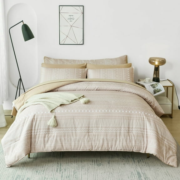 RYNGHIPY Beige Comforter Set Queen, Cream Bedding Comforter Sets Lightweight Soft, Colorblock Geometric Boho Bed in a Bag for All Seasons (Beige,Queen Size)