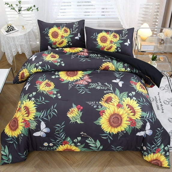 RYNGHIPY Black Bedding Set Queen Size Sunflower Leaves Butterflies Bedding Set for Adults Kids Aesthetic Retro Botanical Print Bed Comforter Set with Pillowcases (Black, Queen)