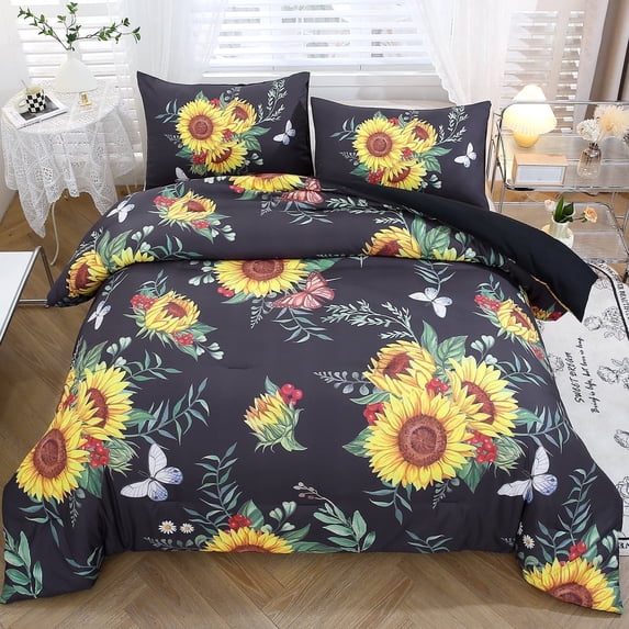 RYNGHIPY Black Floral Comforter Set Full Size Retro Yellow Sunflower Butterflies Leaves Bedding Set for Home Decor 100% Lightweight Breathable Microfiber Quilt Set (Black, Full)