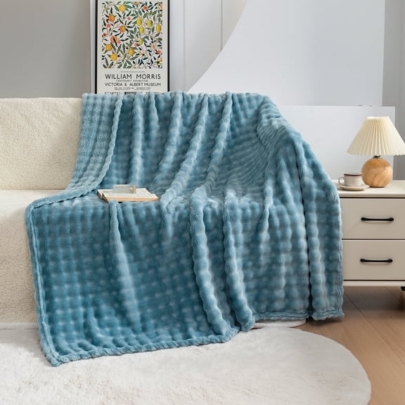 RYNGHIPY Blue Faux Fur Oversized Throw Blanket for Boys 79*90 Bubble Waffle Plush Flannel Fleece Blanket for Bed Couch Fluffy Fuzzy Ash Blue Thick Rabbit Fur Blanket for Kids (Ash Blue, 79"*90")