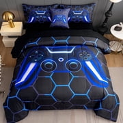 RYNGHIPY Blue Game Controller Bed in a Bag Comforter Set Queen Size for Boys Kids Teens Girls 6Pcs Video Game Buttons Bedding Set for Gamer Room Decor (Blue, Qu