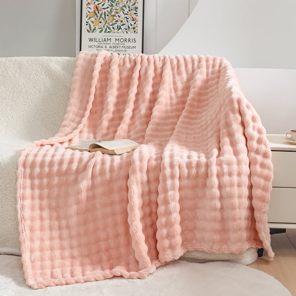 RYNGHIPY Blush Flannel Fleece 52*63 Throw Blanket for Kids Girls Women Fluffy Pink Waffle Faux Fur Blanket for Bed Couch Chair Bubble Plush Thick Fuzzy Soft Blanket (Blush,52"*63")