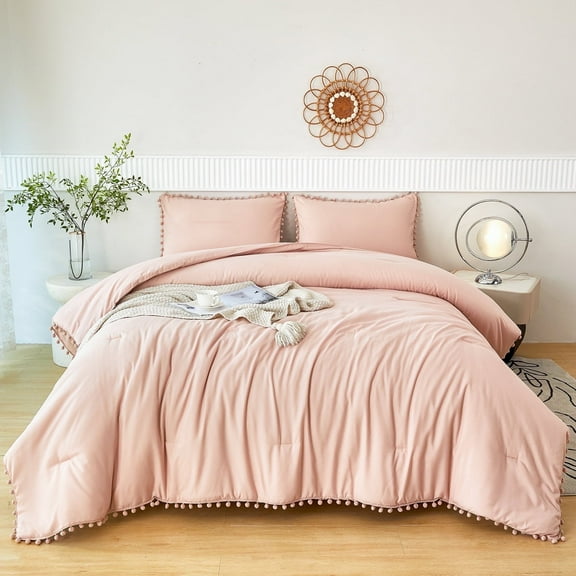 RYNGHIPY Blush Queen Size Comforter Set with Pom Pom Fringe Boho Bed Set 3 Pcs Pink Aesthetic Luxury Bedding Set for Kids Girls Women-All Seasons 100% Microfiber Bedding (Blush, Queen)