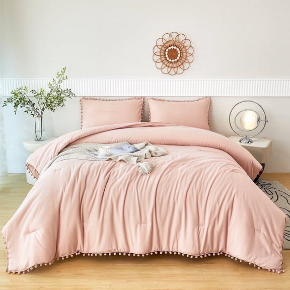 RYNGHIPY Pompom Fringe Bedding Set for Kids Full 3Pcs Boho Pink Blush Comforter Sets Cozy Breathable Bed Set for Girls, Full